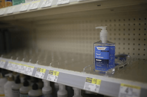 empty grocer shelf from hand sanitizer