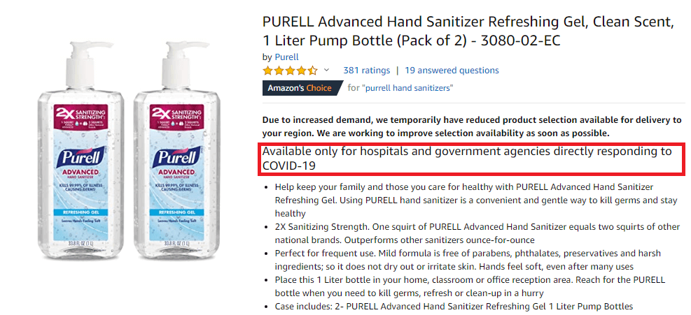 purell amazon available for hospitals and government