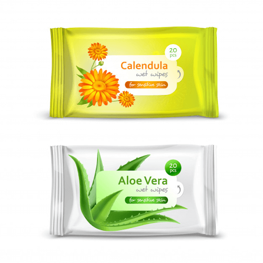 scented aloe vera wipes and calendula wipes packaging in white background